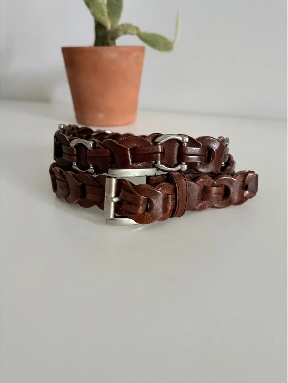Brown Leather Belt Western Horseshoe Silver Details